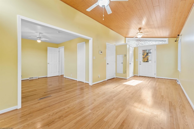 unfurnished room with light hardwood / wood-style flooring, ceiling fan, vaulted ceiling, and wood ceiling