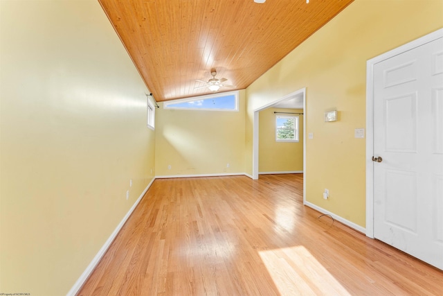 spare room with wooden ceiling, ceiling fan, and light hardwood / wood-style flooring