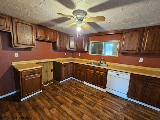 kitchen with white dishwasher, ceiling fan, sink, and dark wood-type flooring