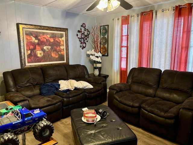 living room with a wealth of natural light, ceiling fan, and light hardwood / wood-style flooring