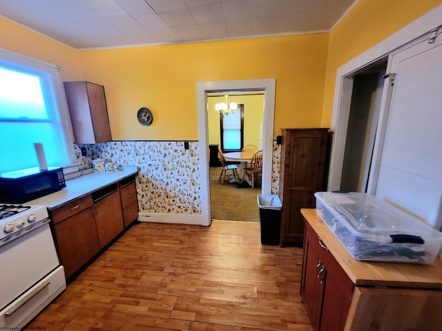 kitchen featuring white range oven, ornamental molding, butcher block countertops, and light hardwood / wood-style flooring