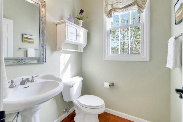 bathroom featuring toilet, sink, and wood-type flooring