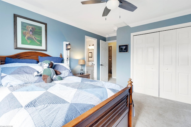 bedroom featuring ceiling fan, light carpet, a closet, and crown molding