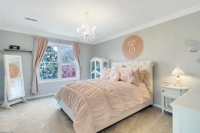 carpeted bedroom with an inviting chandelier and ornamental molding