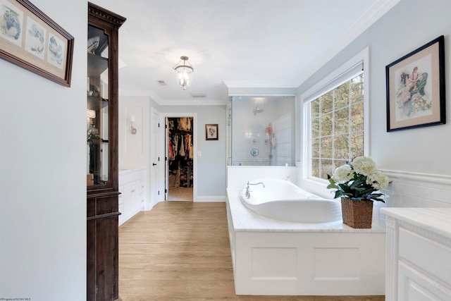 bathroom featuring hardwood / wood-style floors, vanity, plus walk in shower, and ornamental molding