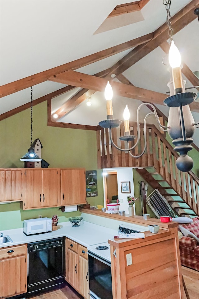 kitchen featuring vaulted ceiling with beams, dishwasher, kitchen peninsula, hanging light fixtures, and light brown cabinetry