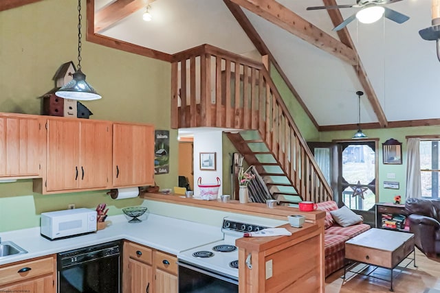 kitchen with high vaulted ceiling, beamed ceiling, ceiling fan, pendant lighting, and white appliances