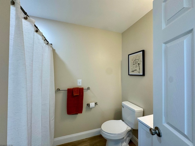 bathroom featuring toilet, vanity, and wood-type flooring