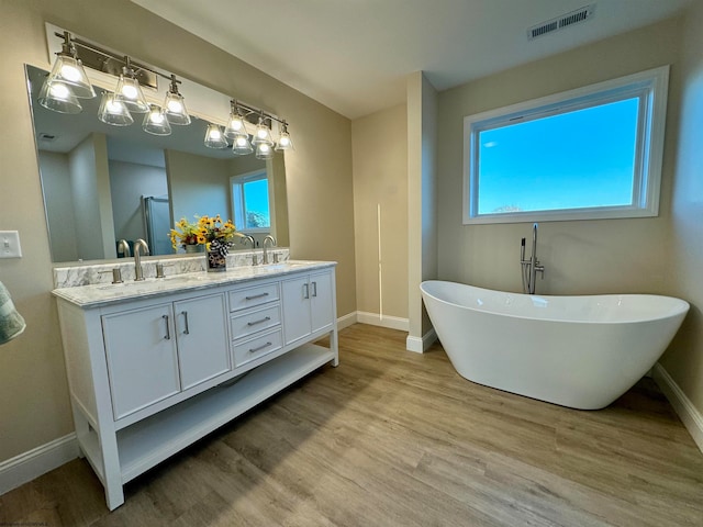 bathroom with a tub to relax in, vanity, and hardwood / wood-style floors