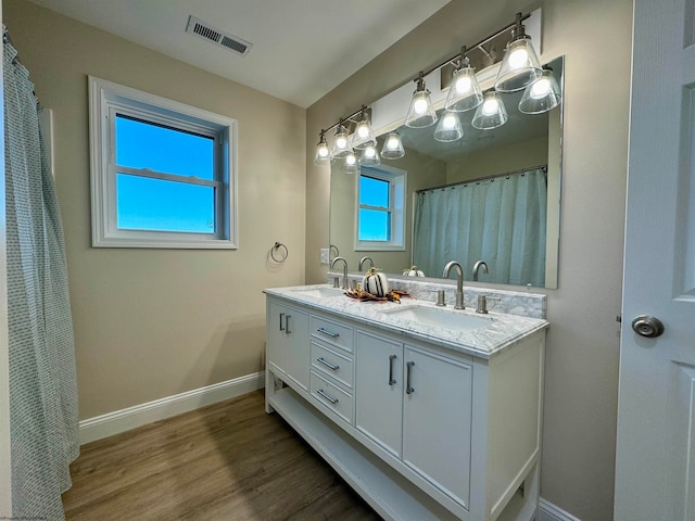 bathroom with wood-type flooring and vanity