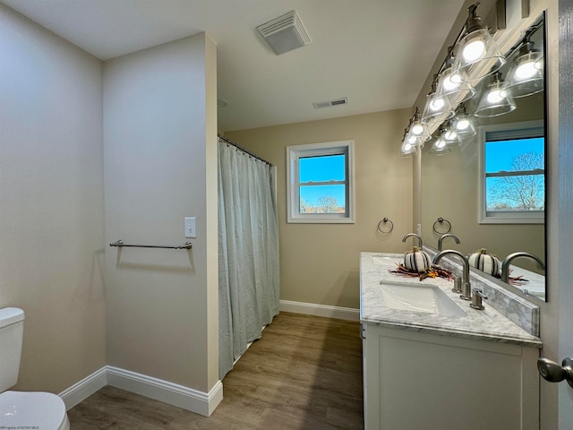 bathroom featuring hardwood / wood-style floors, vanity, and toilet