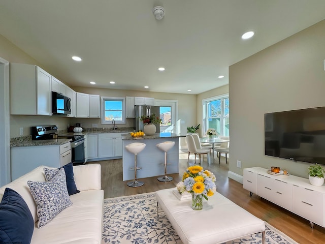 living room featuring a wealth of natural light, sink, and dark hardwood / wood-style floors