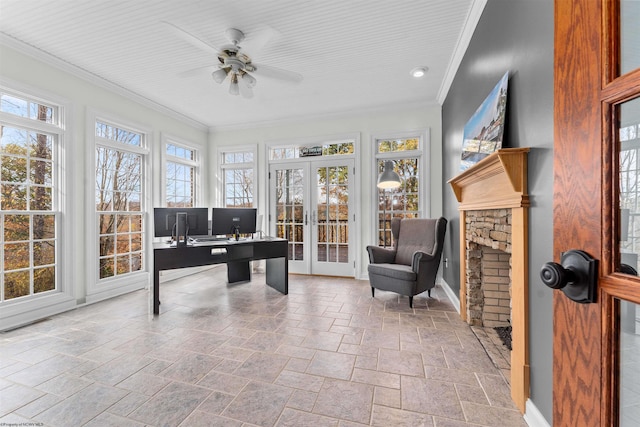 office area with french doors, ceiling fan, and crown molding