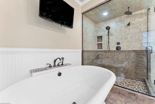 bathroom featuring shower with separate bathtub and ornamental molding