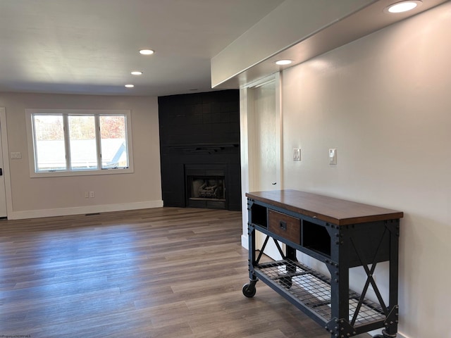 interior space with hardwood / wood-style floors and a fireplace