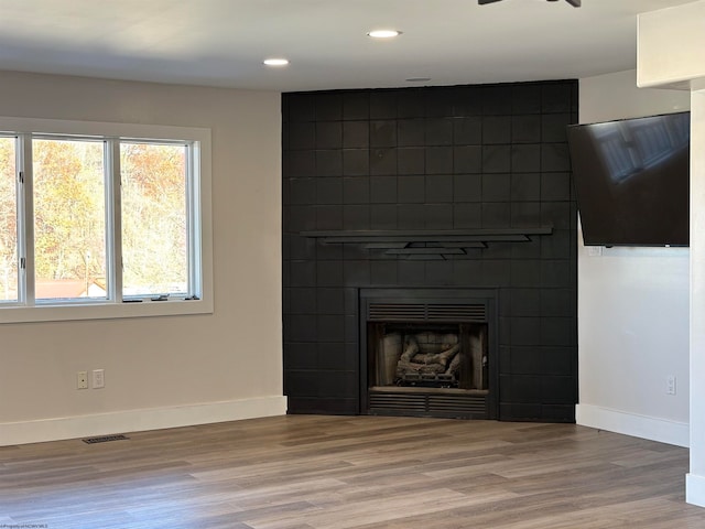 interior space with a fireplace and hardwood / wood-style flooring