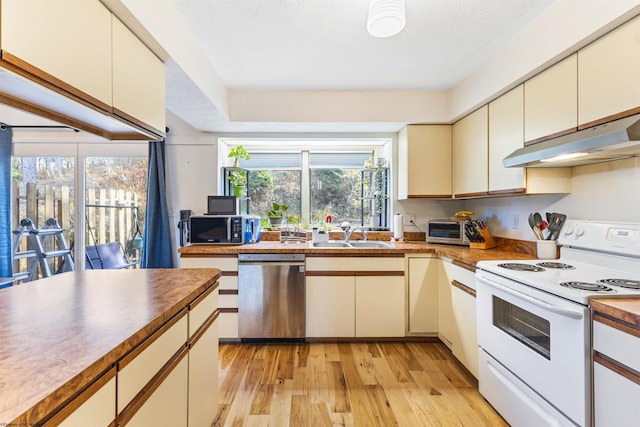 kitchen with sink, light hardwood / wood-style floors, stainless steel dishwasher, cream cabinetry, and white range with electric cooktop