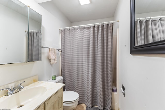 full bathroom featuring vanity, shower / tub combo with curtain, and toilet