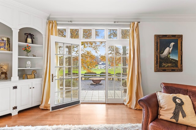 doorway with a wealth of natural light, ornamental molding, and light wood-type flooring