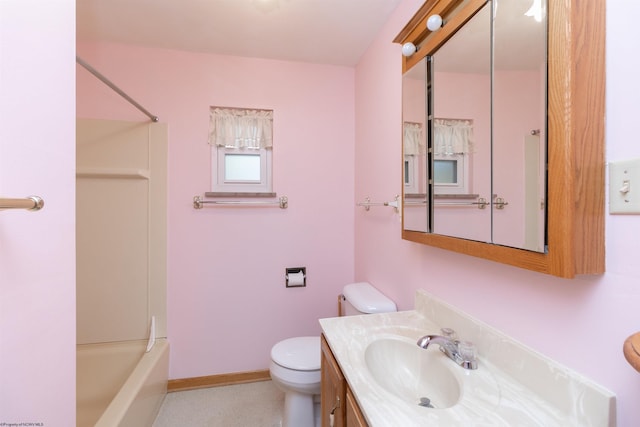 full bathroom with washtub / shower combination, vanity, and toilet