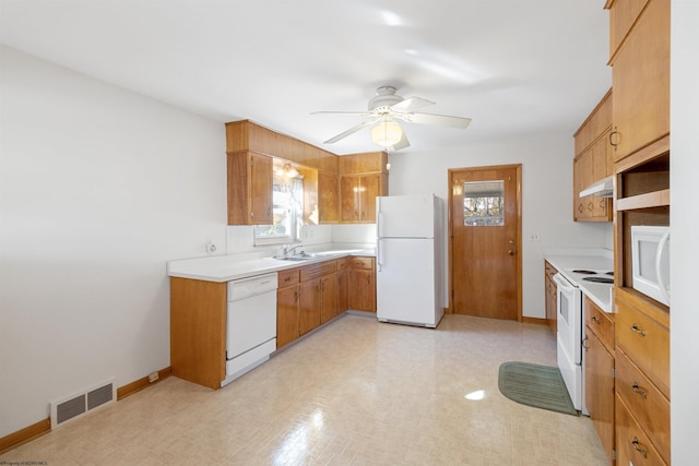 kitchen featuring ceiling fan, sink, and white appliances