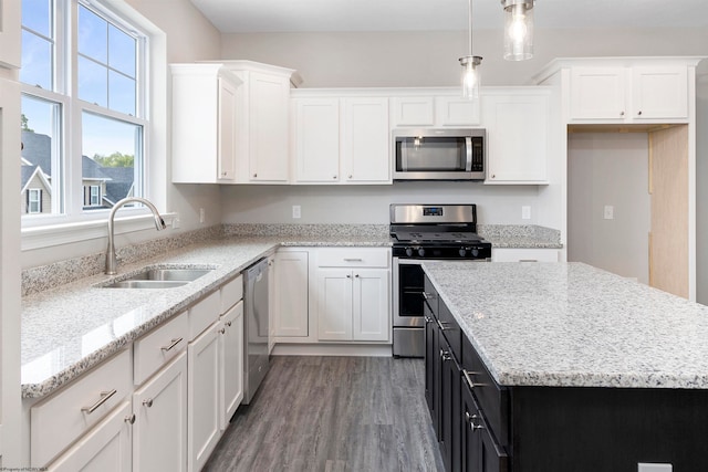 kitchen featuring appliances with stainless steel finishes, sink, pendant lighting, hardwood / wood-style floors, and white cabinetry