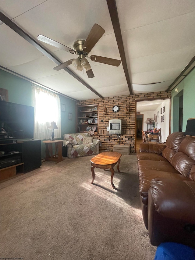 carpeted living room with beamed ceiling, ceiling fan, and heating unit