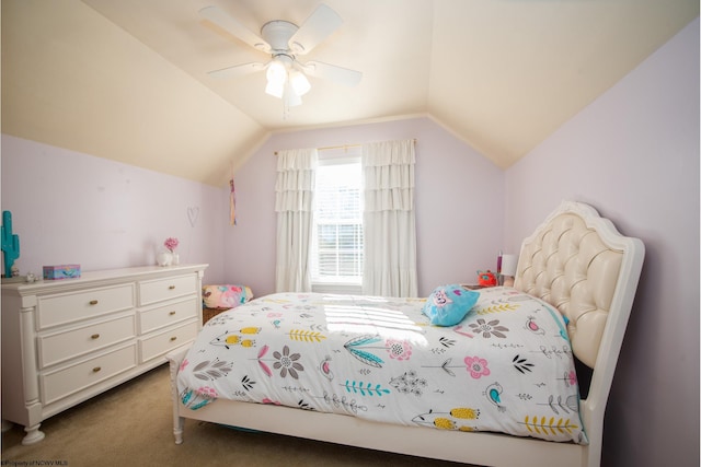 carpeted bedroom with ceiling fan and lofted ceiling