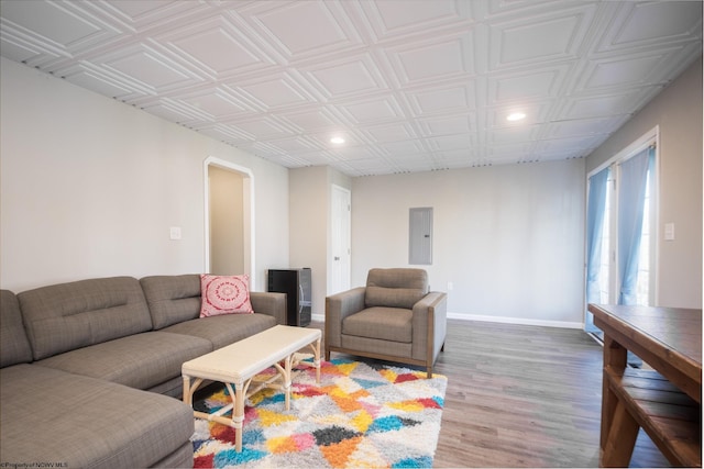 living room featuring hardwood / wood-style floors and electric panel