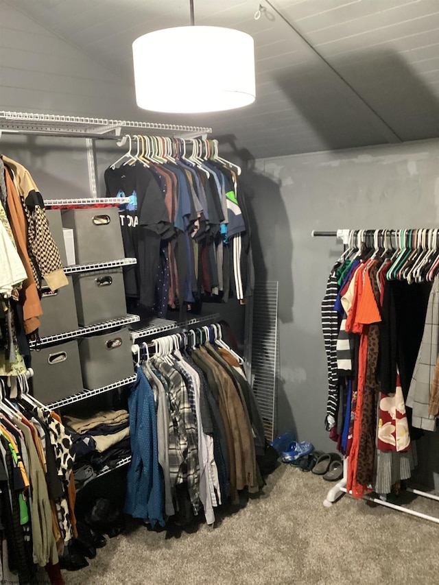 spacious closet featuring carpet flooring and vaulted ceiling