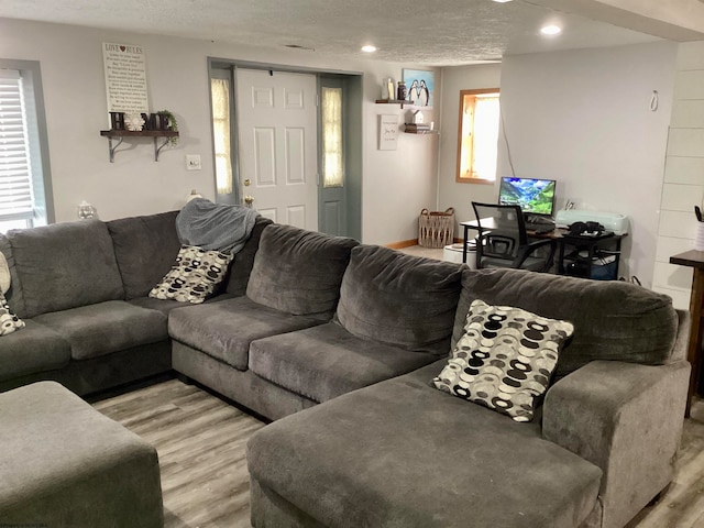 living room featuring light wood-type flooring, a textured ceiling, and a healthy amount of sunlight