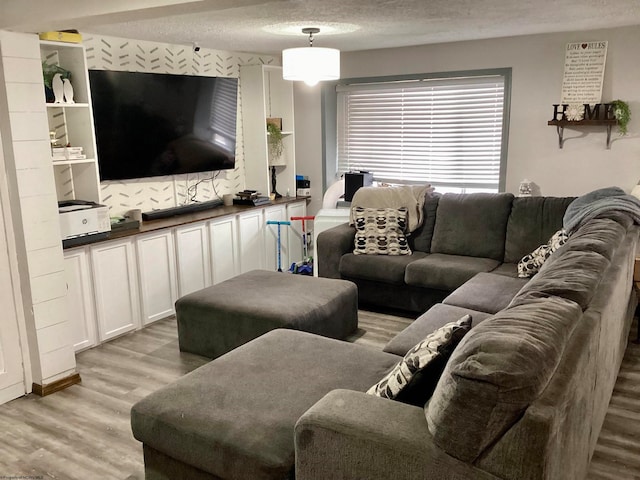 living room with a textured ceiling and light hardwood / wood-style flooring