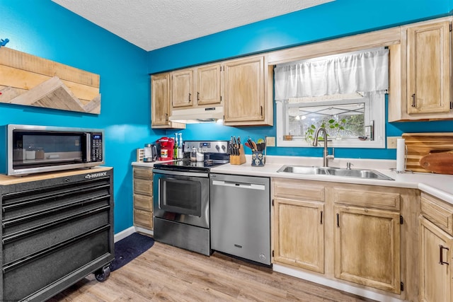 kitchen with sink, a textured ceiling, light brown cabinetry, light hardwood / wood-style floors, and stainless steel appliances