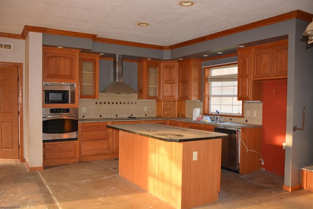 kitchen featuring a center island, stainless steel oven, wall chimney exhaust hood, built in microwave, and dishwashing machine