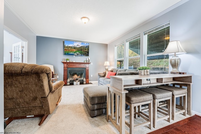 carpeted living room featuring ornamental molding