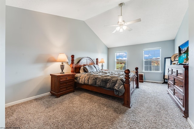 bedroom featuring ceiling fan, lofted ceiling, and carpet floors