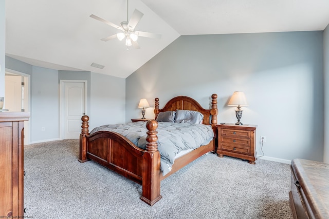 carpeted bedroom featuring lofted ceiling and ceiling fan