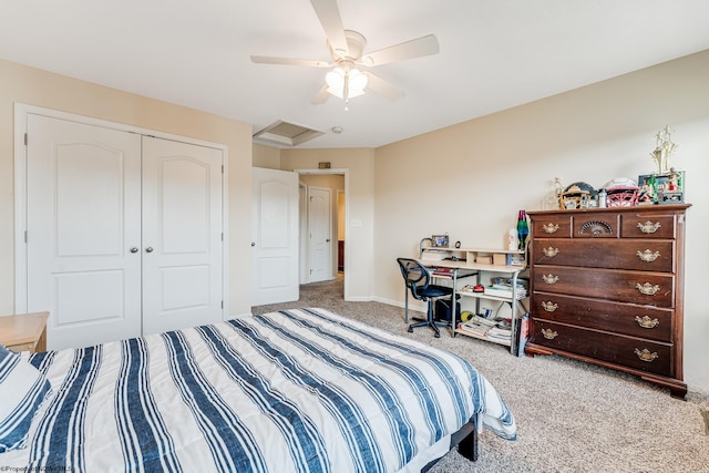 bedroom featuring carpet, ceiling fan, and a closet