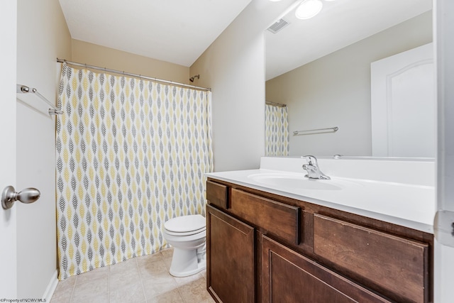 bathroom with tile patterned flooring, vanity, toilet, and a shower with shower curtain