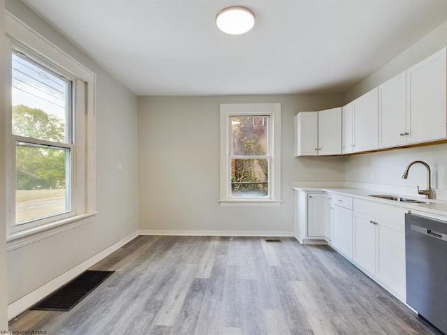 kitchen featuring a wealth of natural light, white cabinetry, sink, and stainless steel dishwasher