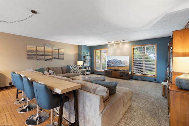 living room with track lighting, light hardwood / wood-style floors, and a textured ceiling