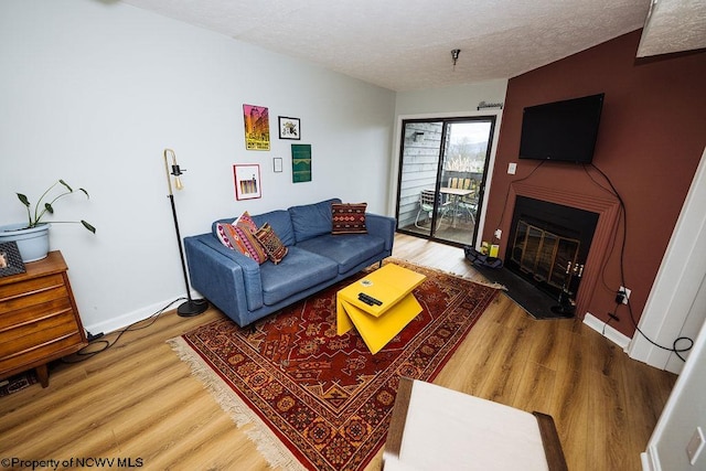 living room with a textured ceiling and hardwood / wood-style flooring