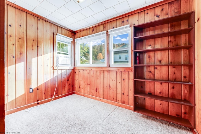 spare room with light carpet and wooden walls