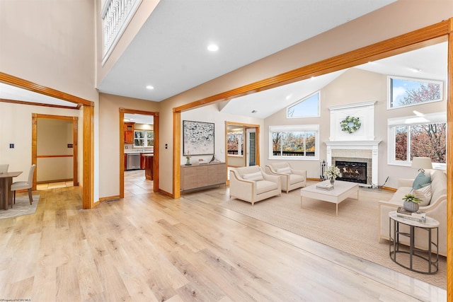 living room featuring light hardwood / wood-style floors and high vaulted ceiling