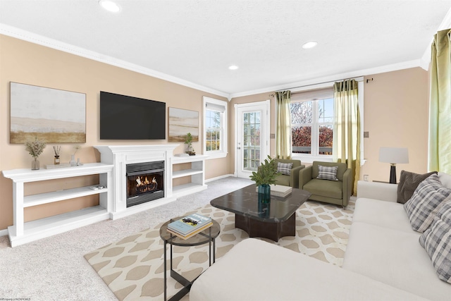 carpeted living room with a textured ceiling and ornamental molding