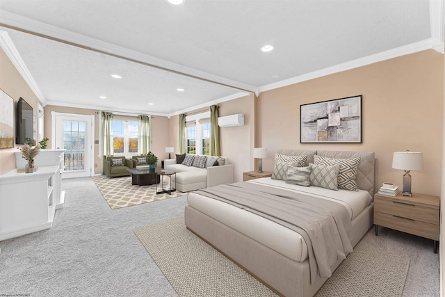 carpeted bedroom featuring a wall unit AC, access to exterior, and ornamental molding