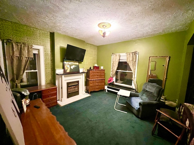 living area with dark colored carpet and a textured ceiling