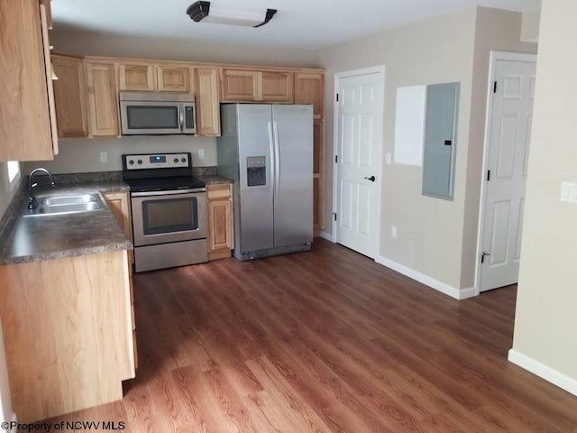 kitchen featuring sink, dark wood-type flooring, appliances with stainless steel finishes, electric panel, and light brown cabinets