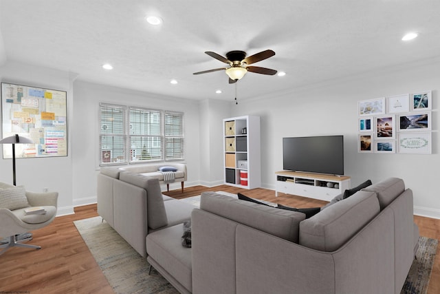 living room featuring ceiling fan, crown molding, and light wood-type flooring