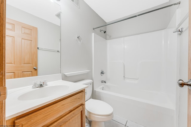 full bathroom with toilet, bathtub / shower combination, vanity, and tile patterned floors